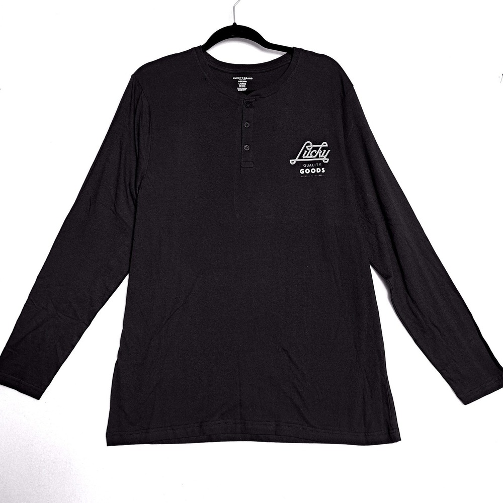 Lucky Brand Henley Sleep Shirt Large Black Long Sleeve Cotton Graphic Loungewear